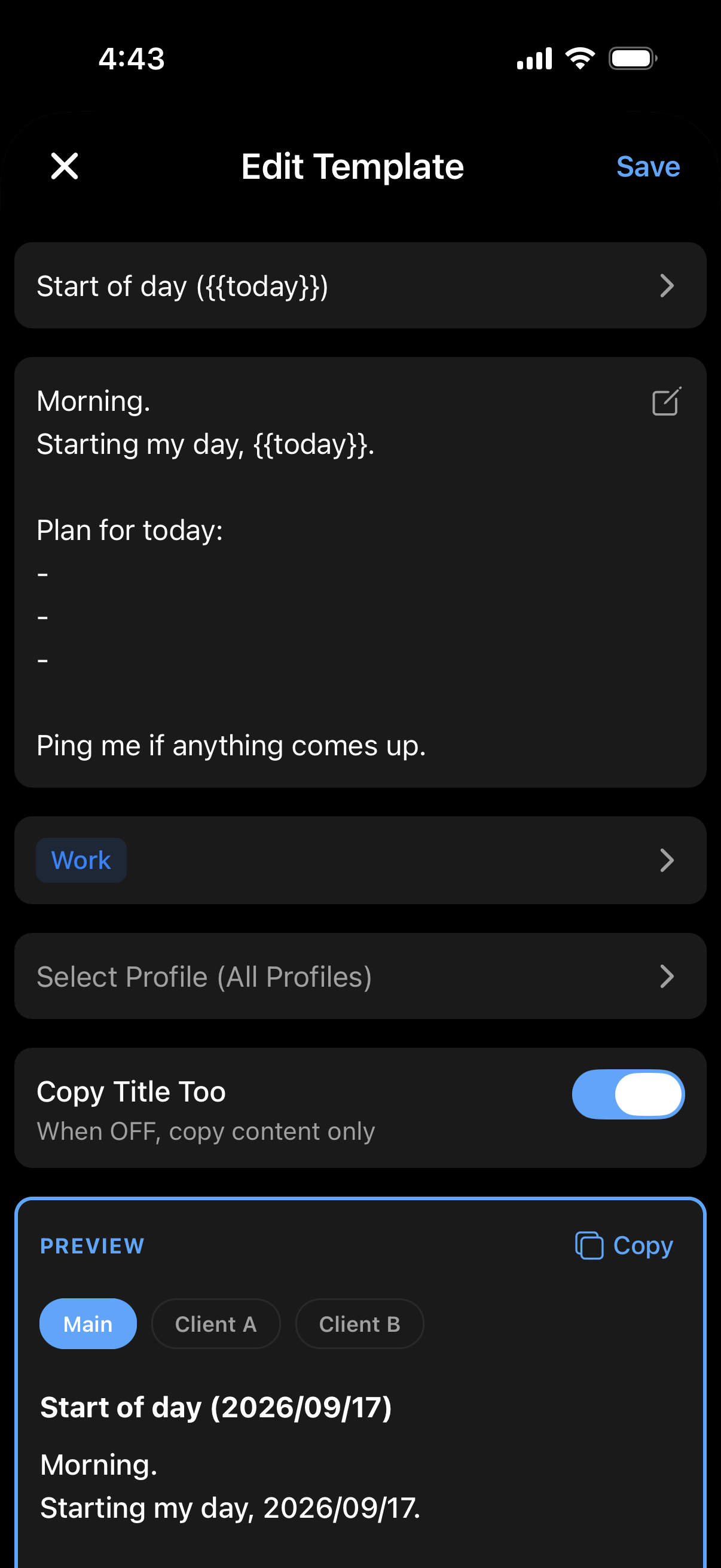A template that uses {{today}}, with the preview showing today's date