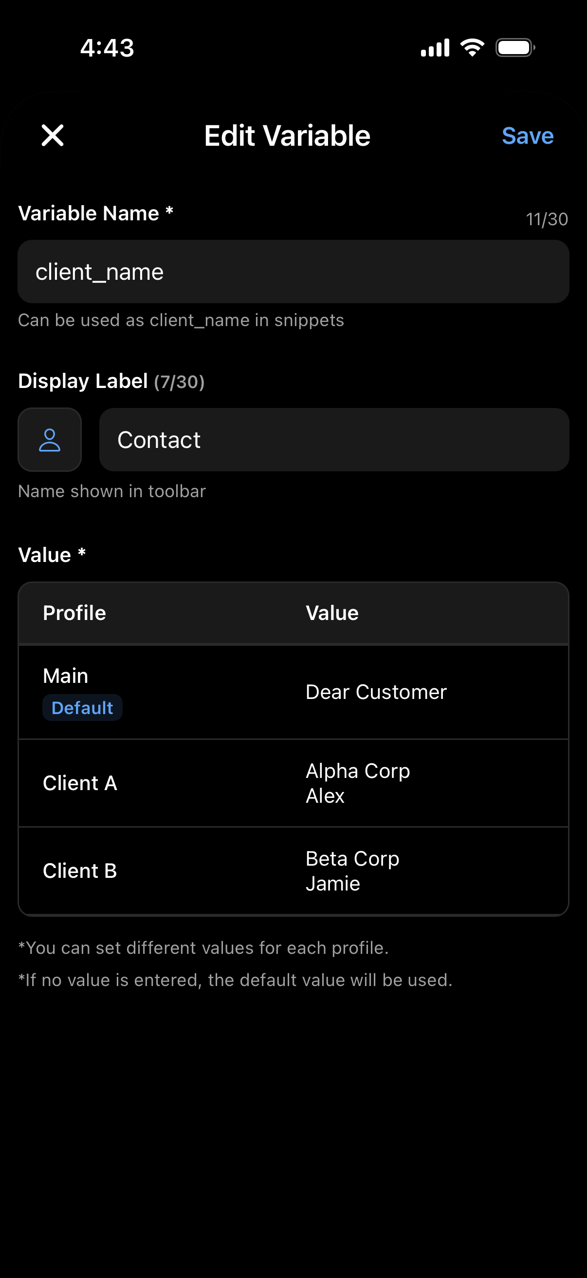 The custom variable editor screen