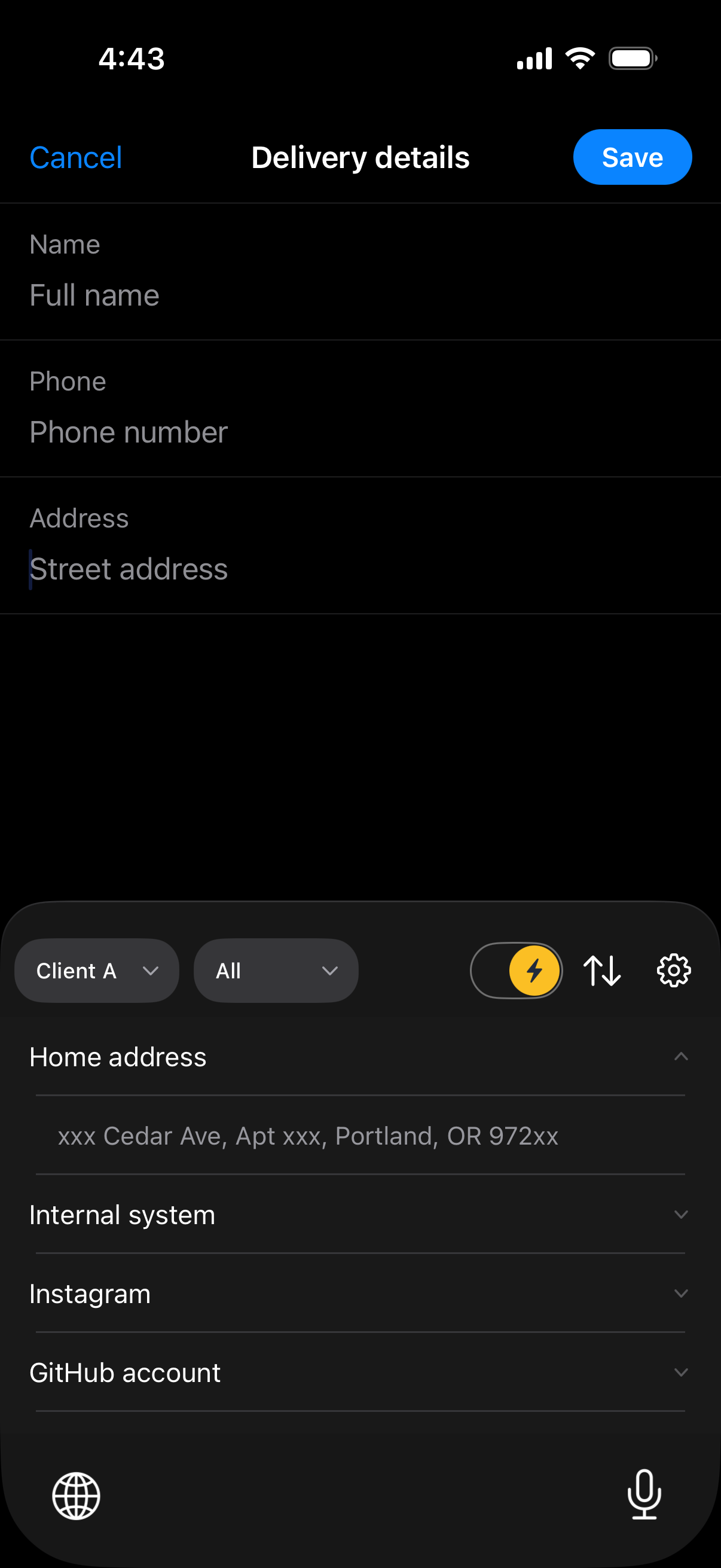 An address shortcut about to be inserted into a delivery address form from the ClipTap keyboard